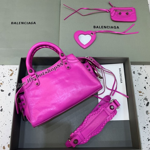 Balenciaga專櫃爆款油蠟玫紅銀扣手提女包 638515 巴黎世家Neo cagole機車包 fyj2007